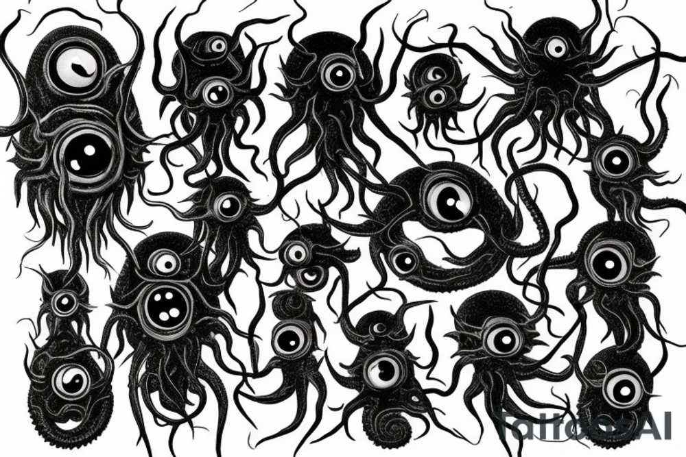 "Hermaeus Mora" 
huge black mass  in the middle with a lot of tentacles with eyeballs from middle to out and a lot of randomly placed eyeballs 

horizontally symmetric 
with necronormicon tattoo idea