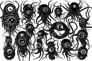 "Hermaeus Mora" 
huge black mass  in the middle with a lot of tentacles with eyeballs from middle to out and a lot of randomly placed eyeballs 

horizontally symmetric 
with necronormicon tattoo idea