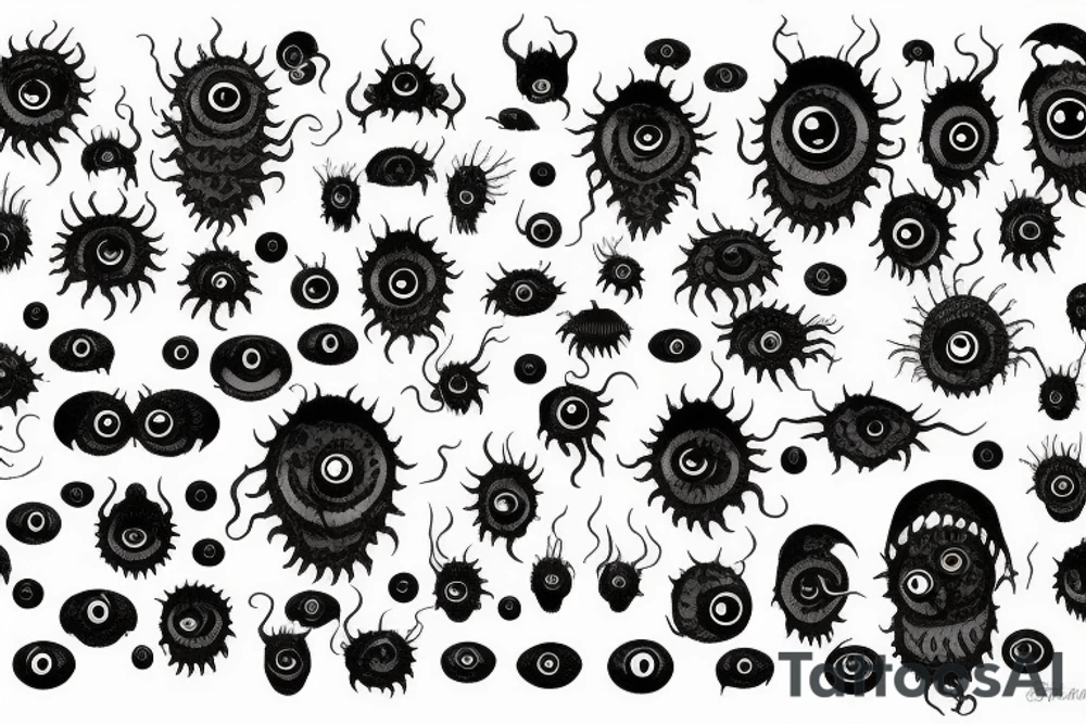 "Hermaeus Mora" 
huge black mass  in the middle with a lot of tentacles with eyeballs from middle to out and a lot of randomly placed eyeballs 

horizontally symmetric 
with necronormicon tattoo idea