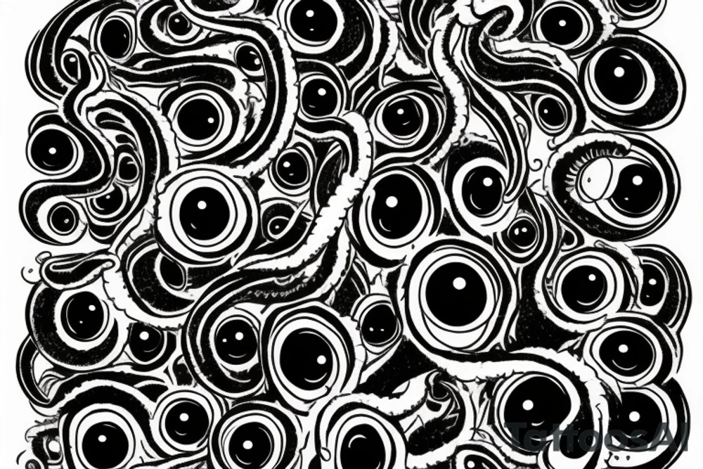 "Hermaeus Mora" 
huge black mass  in the middle with a lot of tentacles with eyeballs from middle to out and a lot of randomly placed eyeballs 

horizontally symmetric 
with necronormicon tattoo idea
