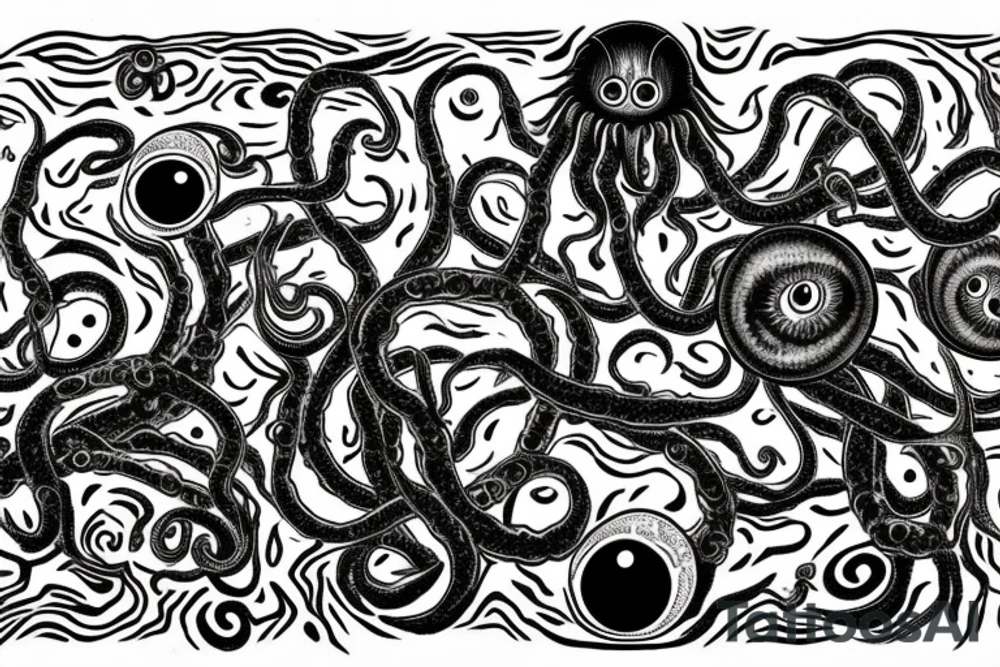 "Hermaeus Mora" 
huge black mass  in the middle with a lot of tentacles with eyeballs from middle to out and a lot of randomly placed eyeballs 

horizontally symmetric 
with necronormicon tattoo idea