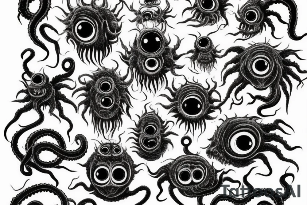 "Hermaeus Mora" 
huge black mass  in the middle with a lot of tentacles with eyeballs from middle to out and a lot of randomly placed eyeballs 

horizontally symmetric 
with necronormicon tattoo idea