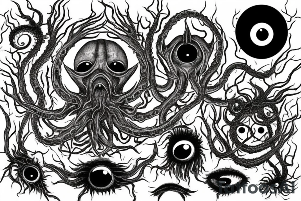 "Hermaeus Mora" 
huge black mass  in the middle with a lot of tentacles with eyeballs from middle to out and a lot of randomly placed eyeballs 

horizontally symmetric 
with necronormicon tattoo idea