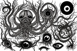 "Hermaeus Mora" 
huge black mass  in the middle with a lot of tentacles with eyeballs from middle to out and a lot of randomly placed eyeballs 

horizontally symmetric 
with necronormicon tattoo idea