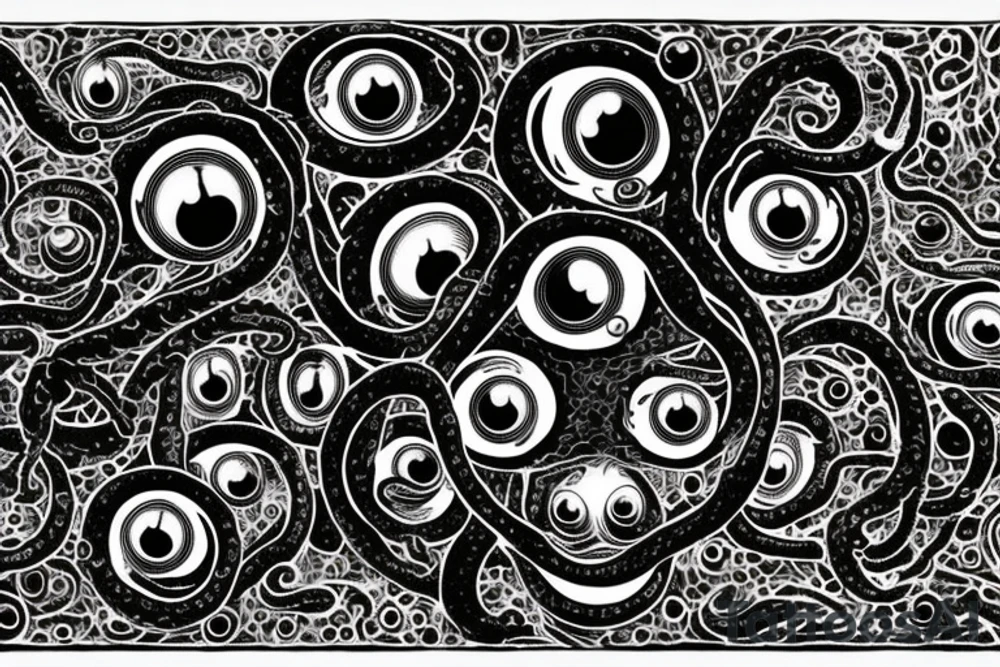 "Hermaeus Mora" 
huge black mass  in the middle with a lot of tentacles with eyeballs from middle to out and a lot of randomly placed eyeballs 

horizontally symmetric 
with necronormicon tattoo idea