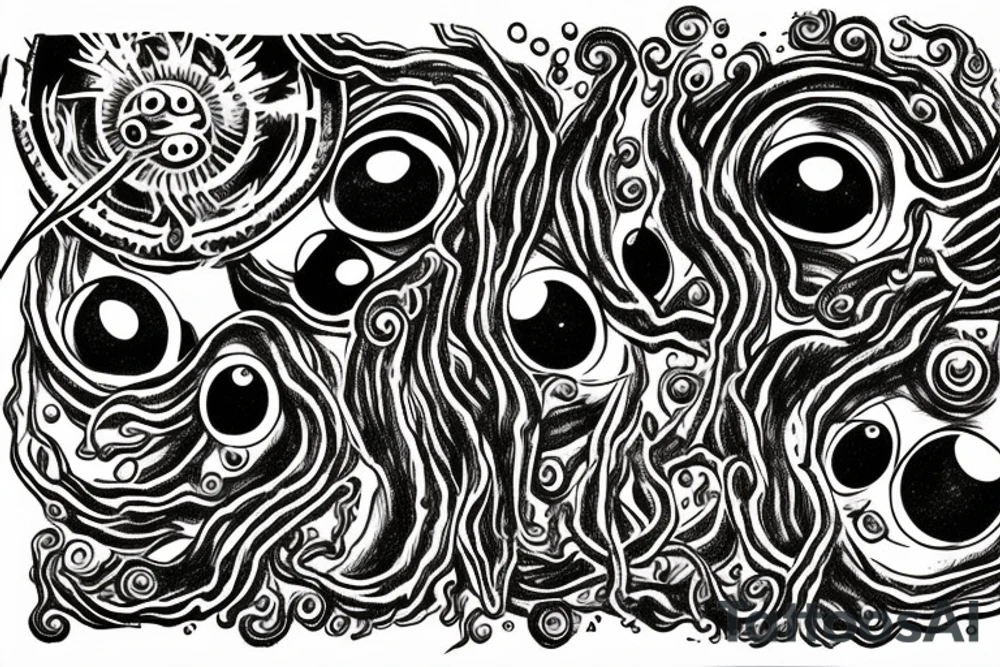 "Hermaeus Mora" 
huge black mass  in the middle with a lot of tentacles with eyeballs from middle to out and a lot of randomly placed eyeballs 

horizontally symmetric 
with necronormicon tattoo idea