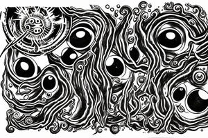 "Hermaeus Mora" 
huge black mass  in the middle with a lot of tentacles with eyeballs from middle to out and a lot of randomly placed eyeballs 

horizontally symmetric 
with necronormicon tattoo idea