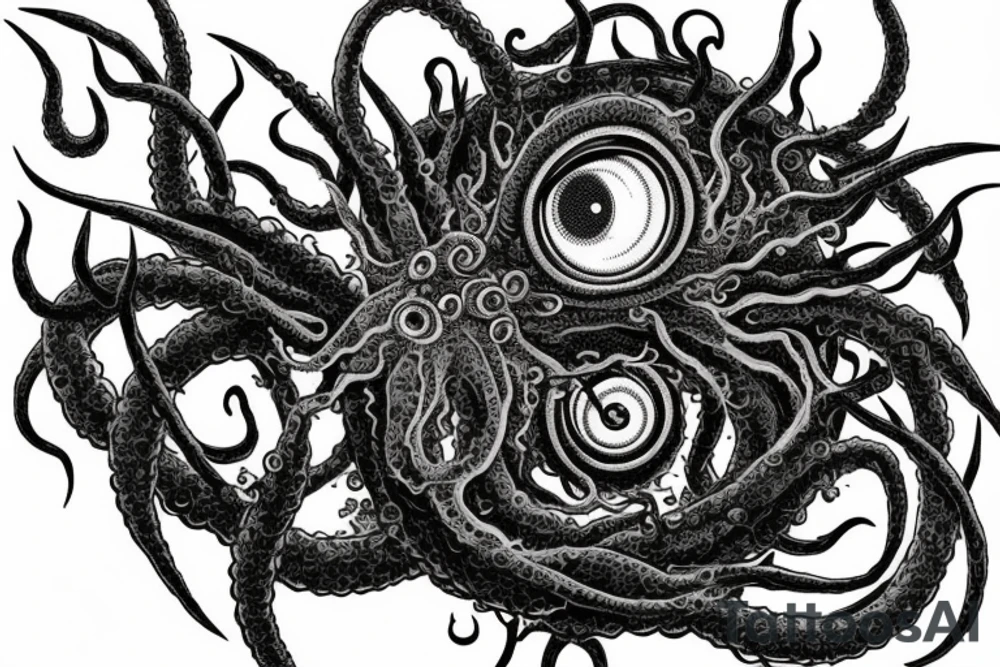 "Hermaeus Mora" 
huge black mass  in the middle with a lot of tentacles with eyeballs from middle to out and a lot of randomly placed eyeballs 

horizontally symmetric 
with necronormicon tattoo idea