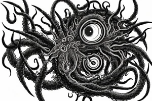 "Hermaeus Mora" 
huge black mass  in the middle with a lot of tentacles with eyeballs from middle to out and a lot of randomly placed eyeballs 

horizontally symmetric 
with necronormicon tattoo idea