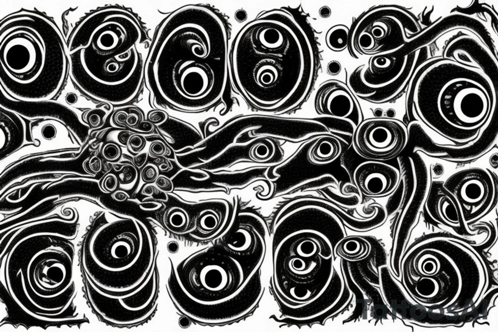 "Hermaeus Mora" 
huge black mass  in the middle with a lot of tentacles with eyeballs from middle to out and a lot of randomly placed eyeballs 

horizontally symmetric 
with necronormicon tattoo idea