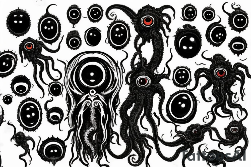 "Hermaeus Mora" 
huge black mass  in the middle with a lot of tentacles with eyeballs from middle to out and a lot of randomly placed eyeballs 

horizontally symmetric 
with necronormicon tattoo idea
