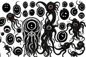 "Hermaeus Mora" 
huge black mass  in the middle with a lot of tentacles with eyeballs from middle to out and a lot of randomly placed eyeballs 

horizontally symmetric 
with necronormicon tattoo idea