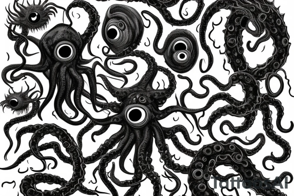 "Hermaeus Mora" 
huge black mass  in the middle with a lot of tentacles with eyeballs from middle to out and a lot of randomly placed eyeballs 

horizontally symmetric 
with necronormicon tattoo idea