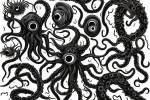 "Hermaeus Mora" 
huge black mass  in the middle with a lot of tentacles with eyeballs from middle to out and a lot of randomly placed eyeballs 

horizontally symmetric 
with necronormicon tattoo idea