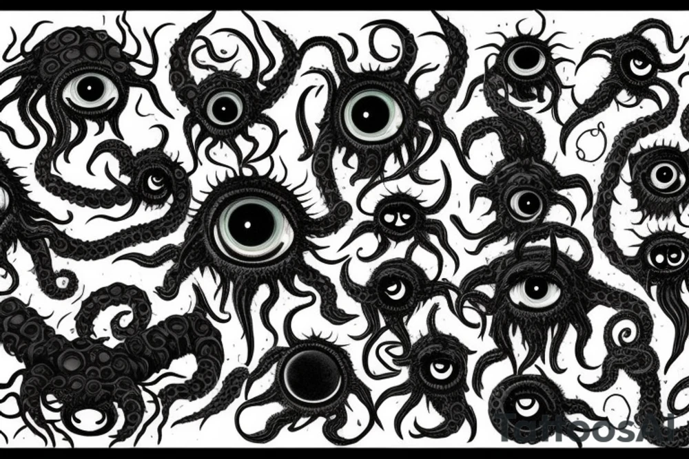"Hermaeus Mora" 
huge black mass  in the middle with a lot of tentacles with eyeballs from middle to out and a lot of randomly placed eyeballs 

horizontally symmetric 
with necronormicon tattoo idea