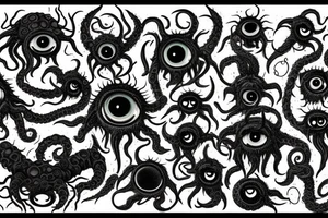 "Hermaeus Mora" 
huge black mass  in the middle with a lot of tentacles with eyeballs from middle to out and a lot of randomly placed eyeballs 

horizontally symmetric 
with necronormicon tattoo idea