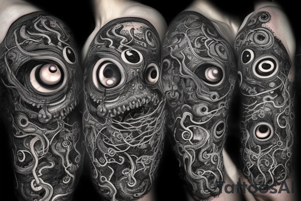 "Hermaeus Mora" 
huge black mass  in the middle with a lot of tentacles with eyeballs from middle to out and a lot of randomly placed eyeballs 

horizontally symmetric 
with necronormicon tattoo idea