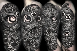 "Hermaeus Mora" 
huge black mass  in the middle with a lot of tentacles with eyeballs from middle to out and a lot of randomly placed eyeballs 

horizontally symmetric 
with necronormicon tattoo idea