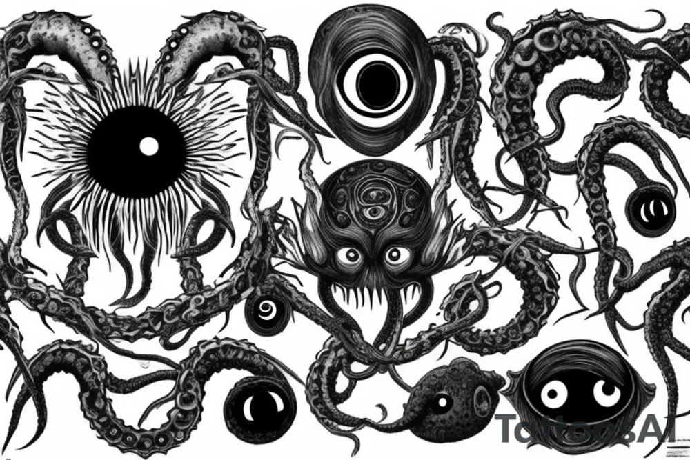 "Hermaeus Mora" 
huge black mass  in the middle with a lot of tentacles with eyeballs from middle to out and a lot of randomly placed eyeballs 

horizontally symmetric 
with necronormicon tattoo idea