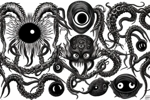 "Hermaeus Mora" 
huge black mass  in the middle with a lot of tentacles with eyeballs from middle to out and a lot of randomly placed eyeballs 

horizontally symmetric 
with necronormicon tattoo idea