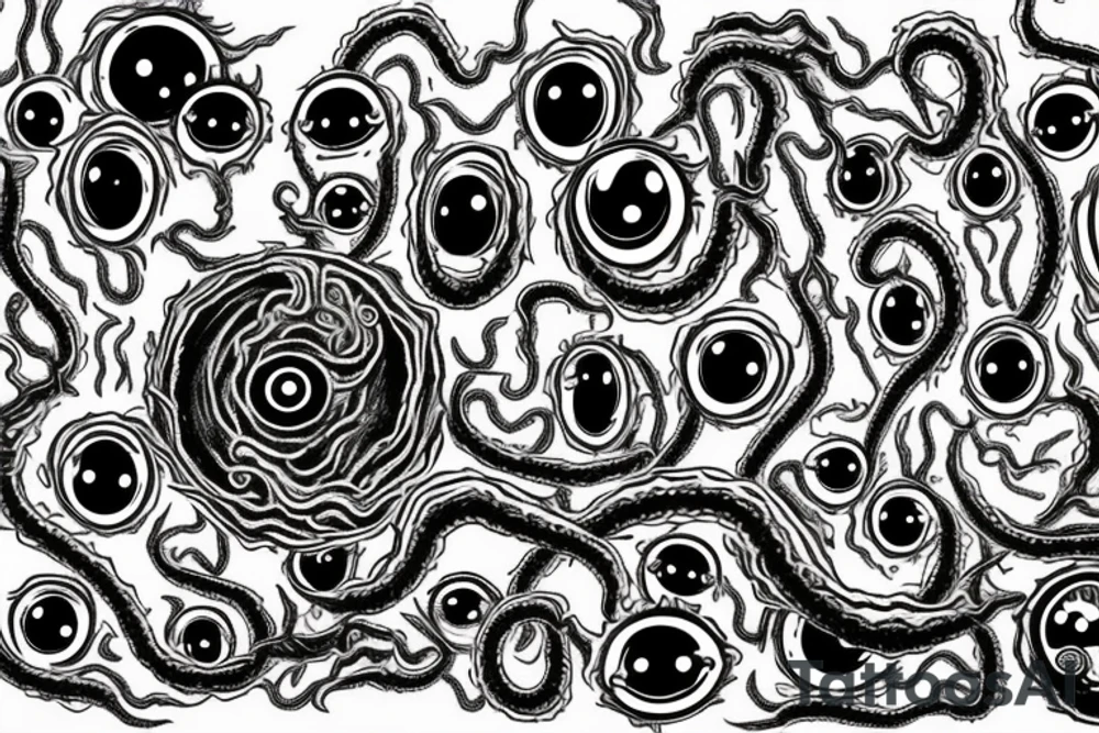 "Hermaeus Mora" 
huge black mass  in the middle with a lot of tentacles with eyeballs from middle to out and a lot of randomly placed eyeballs 

horizontally symmetric 
with necronormicon tattoo idea