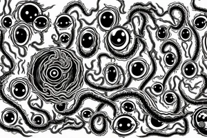 "Hermaeus Mora" 
huge black mass  in the middle with a lot of tentacles with eyeballs from middle to out and a lot of randomly placed eyeballs 

horizontally symmetric 
with necronormicon tattoo idea