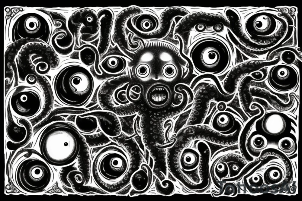 "Hermaeus Mora" 
huge black mass  in the middle with a lot of tentacles with eyeballs from middle to out and a lot of randomly placed eyeballs 

horizontally symmetric 
with necronormicon tattoo idea