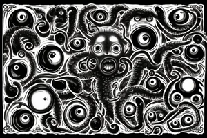 "Hermaeus Mora" 
huge black mass  in the middle with a lot of tentacles with eyeballs from middle to out and a lot of randomly placed eyeballs 

horizontally symmetric 
with necronormicon tattoo idea