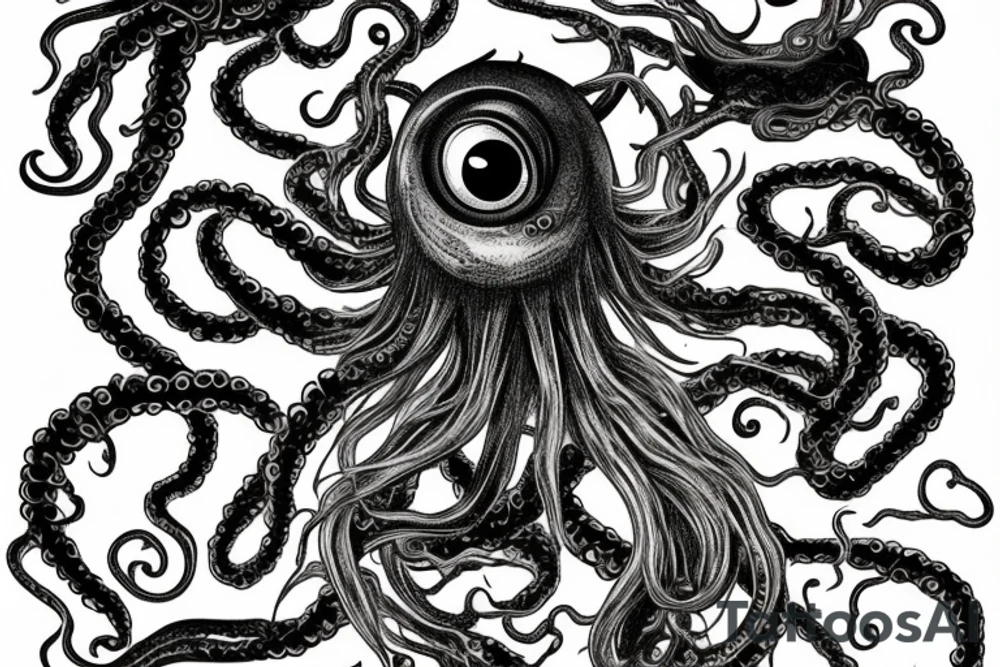 "Hermaeus Mora" 
huge black mass  in the middle with a lot of tentacles with eyeballs from middle to out and a lot of randomly placed eyeballs 

horizontally symmetric 
with necronormicon tattoo idea