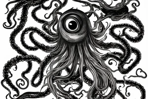 "Hermaeus Mora" 
huge black mass  in the middle with a lot of tentacles with eyeballs from middle to out and a lot of randomly placed eyeballs 

horizontally symmetric 
with necronormicon tattoo idea