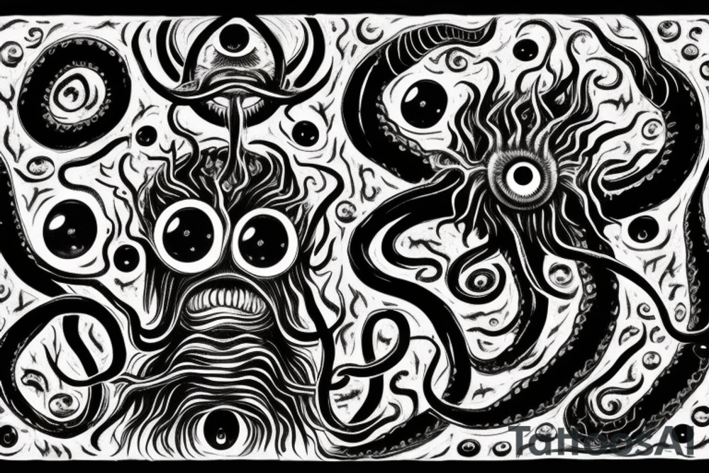 "Hermaeus Mora" 
huge black mass  in the middle with a lot of tentacles with eyeballs from middle to out and a lot of randomly placed eyeballs 

horizontally symmetric 
with necronormicon tattoo idea