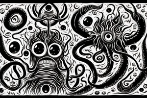 "Hermaeus Mora" 
huge black mass  in the middle with a lot of tentacles with eyeballs from middle to out and a lot of randomly placed eyeballs 

horizontally symmetric 
with necronormicon tattoo idea