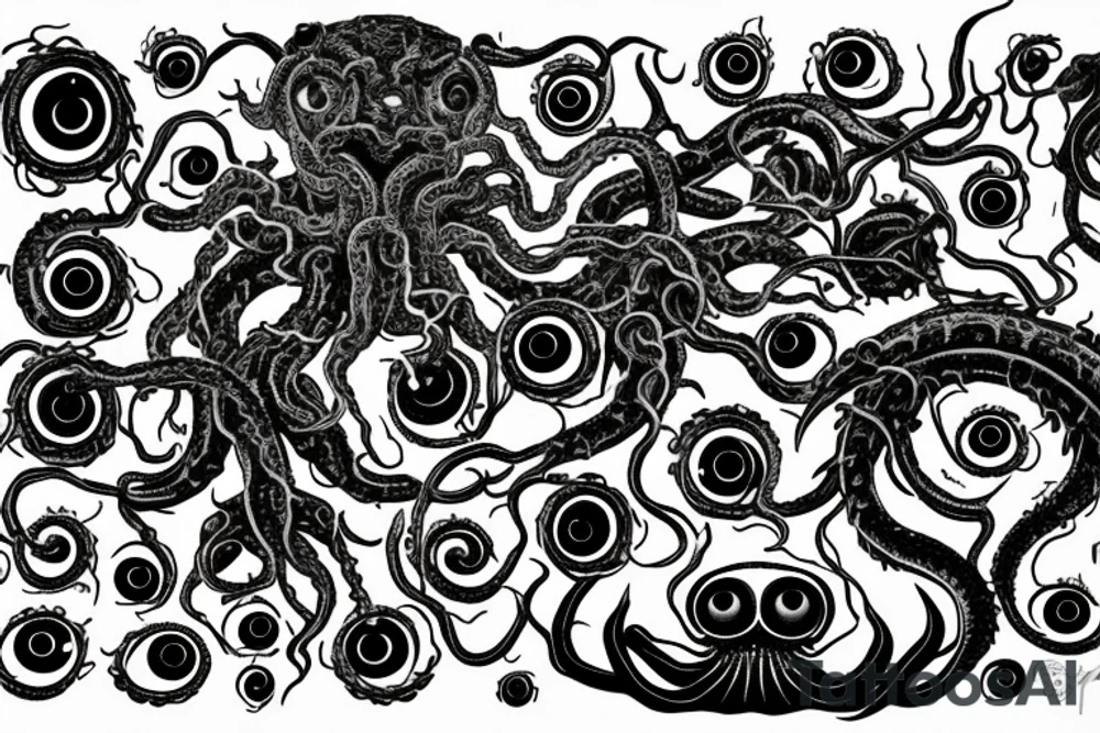 "Hermaeus Mora" 
huge black mass  in the middle with a lot of tentacles with eyeballs from middle to out and a lot of randomly placed eyeballs 

horizontally symmetric 
with necronormicon tattoo idea