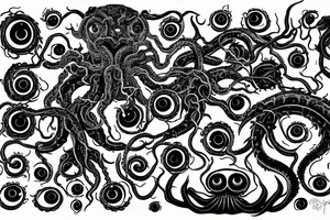 "Hermaeus Mora" 
huge black mass  in the middle with a lot of tentacles with eyeballs from middle to out and a lot of randomly placed eyeballs 

horizontally symmetric 
with necronormicon tattoo idea