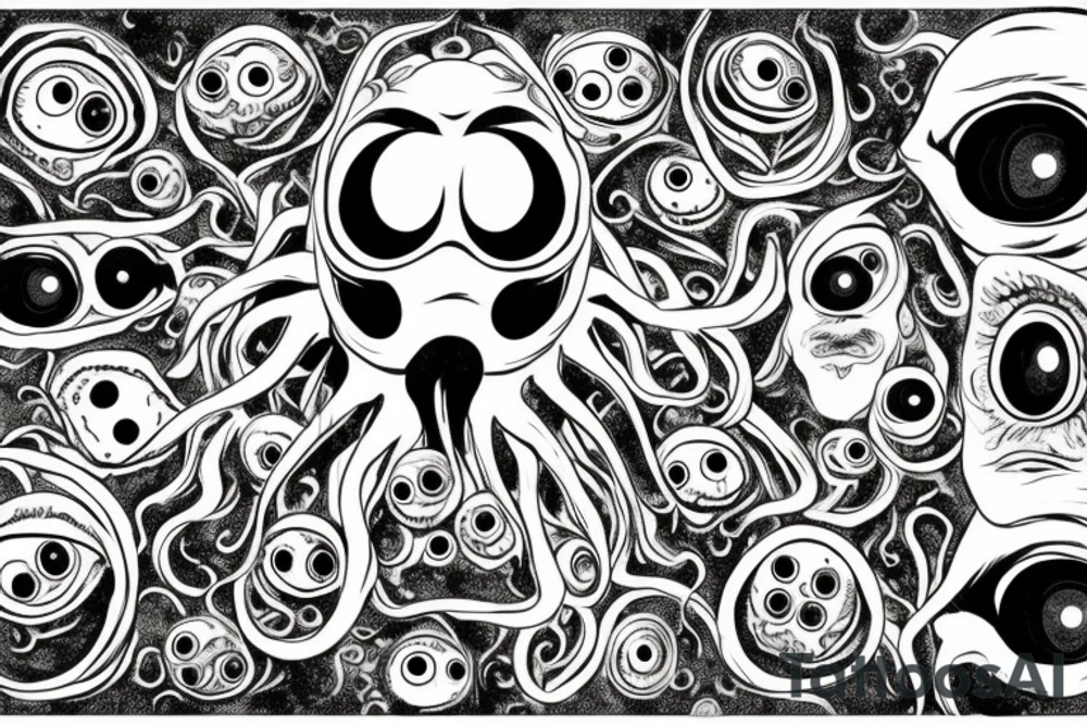 "Hermaeus Mora" 
huge black mass  in the middle with a lot of tentacles with eyeballs from middle to out and a lot of randomly placed eyeballs 

horizontally symmetric 
with necronormicon tattoo idea