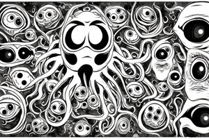 "Hermaeus Mora" 
huge black mass  in the middle with a lot of tentacles with eyeballs from middle to out and a lot of randomly placed eyeballs 

horizontally symmetric 
with necronormicon tattoo idea