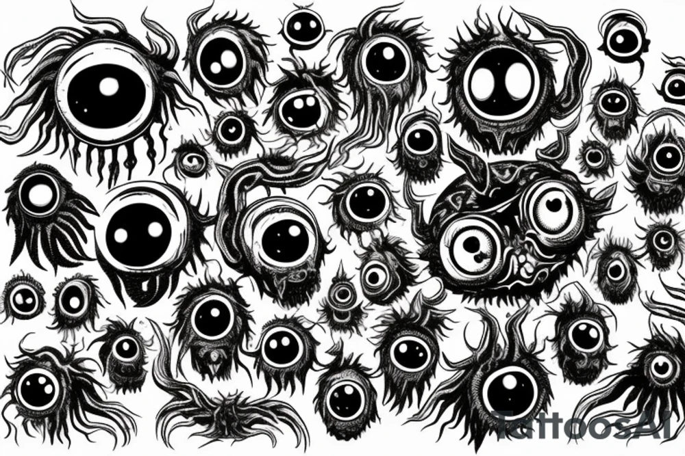 "Hermaeus Mora" 
huge black mass  in the middle with a lot of tentacles with eyeballs from middle to out and a lot of randomly placed eyeballs 

horizontally symmetric 
with necronormicon tattoo idea