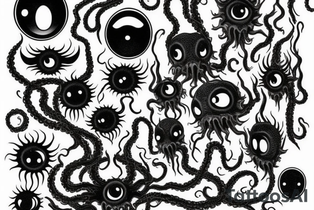 "Hermaeus Mora" 
huge black mass  in the middle with a lot of tentacles with eyeballs from middle to out and a lot of randomly placed eyeballs 

horizontally symmetric 
with necronormicon tattoo idea