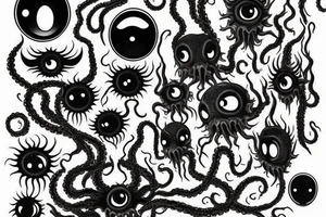 "Hermaeus Mora" 
huge black mass  in the middle with a lot of tentacles with eyeballs from middle to out and a lot of randomly placed eyeballs 

horizontally symmetric 
with necronormicon tattoo idea