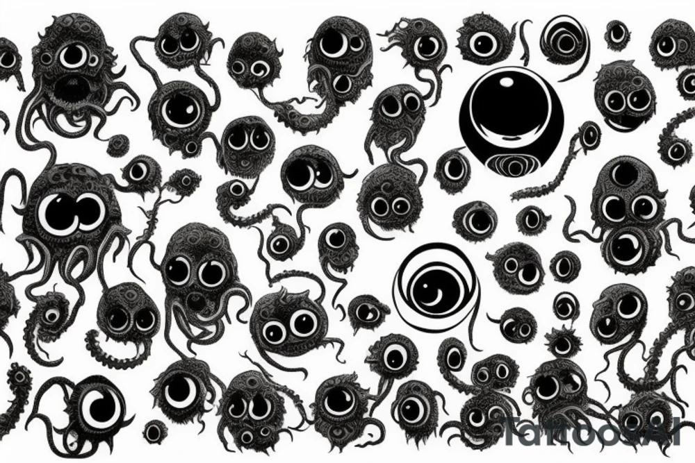 "Hermaeus Mora" 
huge black mass  in the middle with a lot of tentacles with eyeballs from middle to out and a lot of randomly placed eyeballs 

horizontally symmetric 
with necronormicon tattoo idea