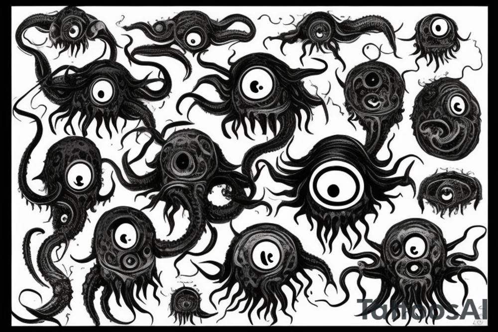 "Hermaeus Mora" 
huge black mass  in the middle with a lot of tentacles with eyeballs from middle to out and a lot of randomly placed eyeballs 

horizontally symmetric 
with necronormicon tattoo idea