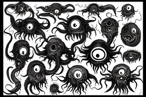 "Hermaeus Mora" 
huge black mass  in the middle with a lot of tentacles with eyeballs from middle to out and a lot of randomly placed eyeballs 

horizontally symmetric 
with necronormicon tattoo idea