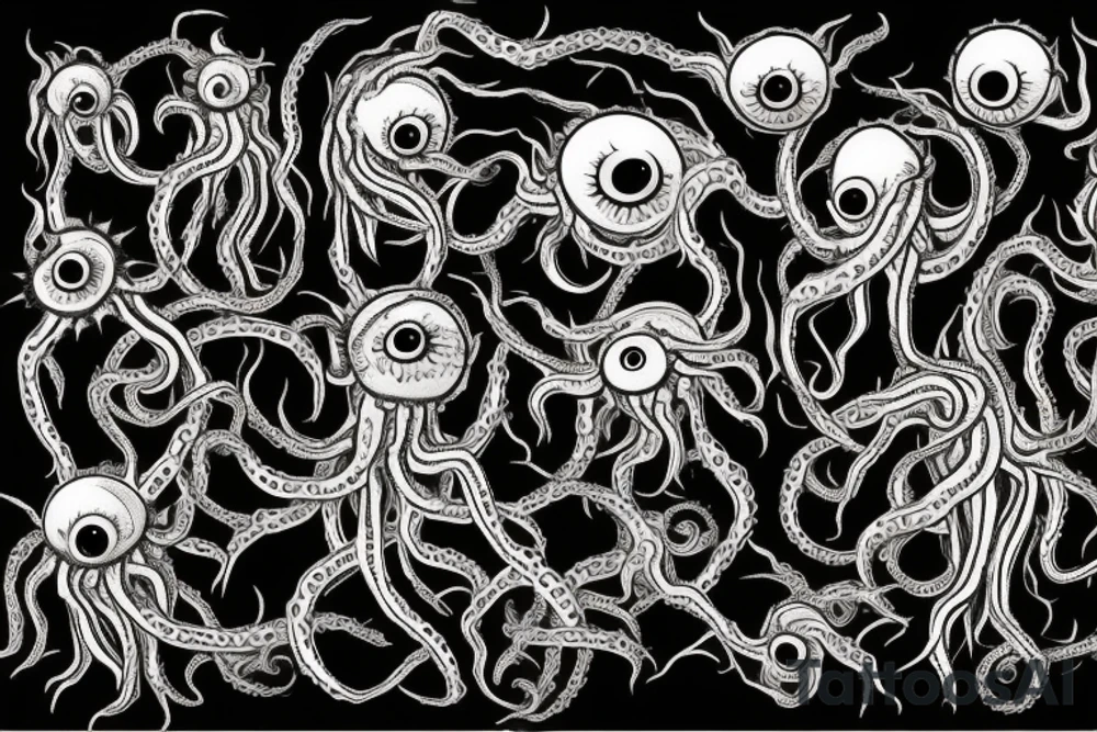 "Hermaeus Mora" 
huge black mass  in the middle with a lot of tentacles with eyeballs from middle to out and a lot of randomly placed eyeballs 

horizontally symmetric 
with necronormicon tattoo idea