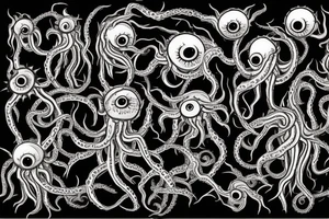 "Hermaeus Mora" 
huge black mass  in the middle with a lot of tentacles with eyeballs from middle to out and a lot of randomly placed eyeballs 

horizontally symmetric 
with necronormicon tattoo idea