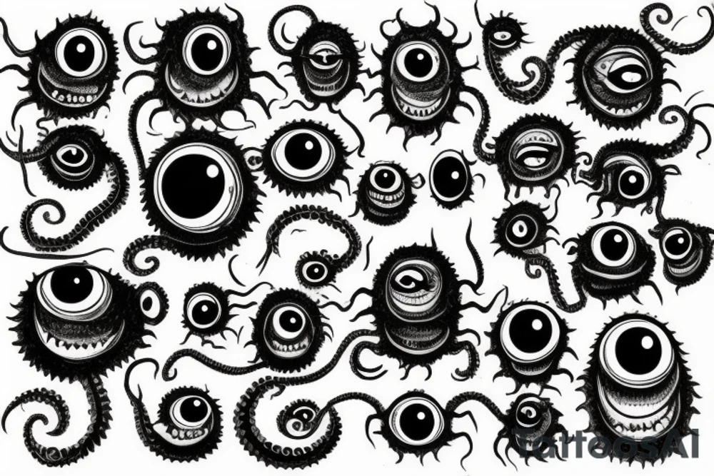 "Hermaeus Mora" 
huge black mass  in the middle with a lot of tentacles with eyeballs from middle to out and a lot of randomly placed eyeballs 

horizontally symmetric 
with necronormicon tattoo idea
