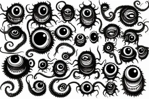 "Hermaeus Mora" 
huge black mass  in the middle with a lot of tentacles with eyeballs from middle to out and a lot of randomly placed eyeballs 

horizontally symmetric 
with necronormicon tattoo idea