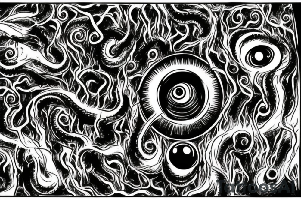 "Hermaeus Mora" 
huge black mass  in the middle with a lot of tentacles with eyeballs from middle to out and a lot of randomly placed eyeballs 

horizontally symmetric 
with necronormicon tattoo idea