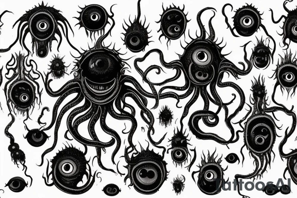 "Hermaeus Mora" 
huge black mass  in the middle with a lot of tentacles with eyeballs from middle to out and a lot of randomly placed eyeballs 

horizontally symmetric 
with necronormicon tattoo idea