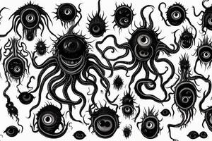 "Hermaeus Mora" 
huge black mass  in the middle with a lot of tentacles with eyeballs from middle to out and a lot of randomly placed eyeballs 

horizontally symmetric 
with necronormicon tattoo idea