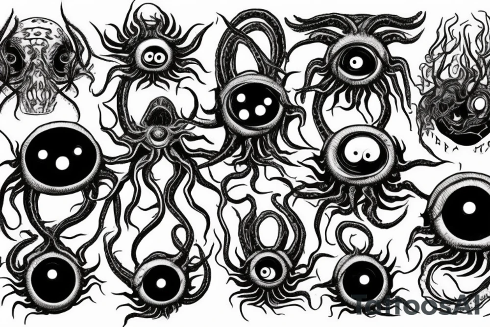 "Hermaeus Mora" 
huge black mass  in the middle with a lot of tentacles with eyeballs from middle to out and a lot of randomly placed eyeballs 

horizontally symmetric 
with necronormicon tattoo idea